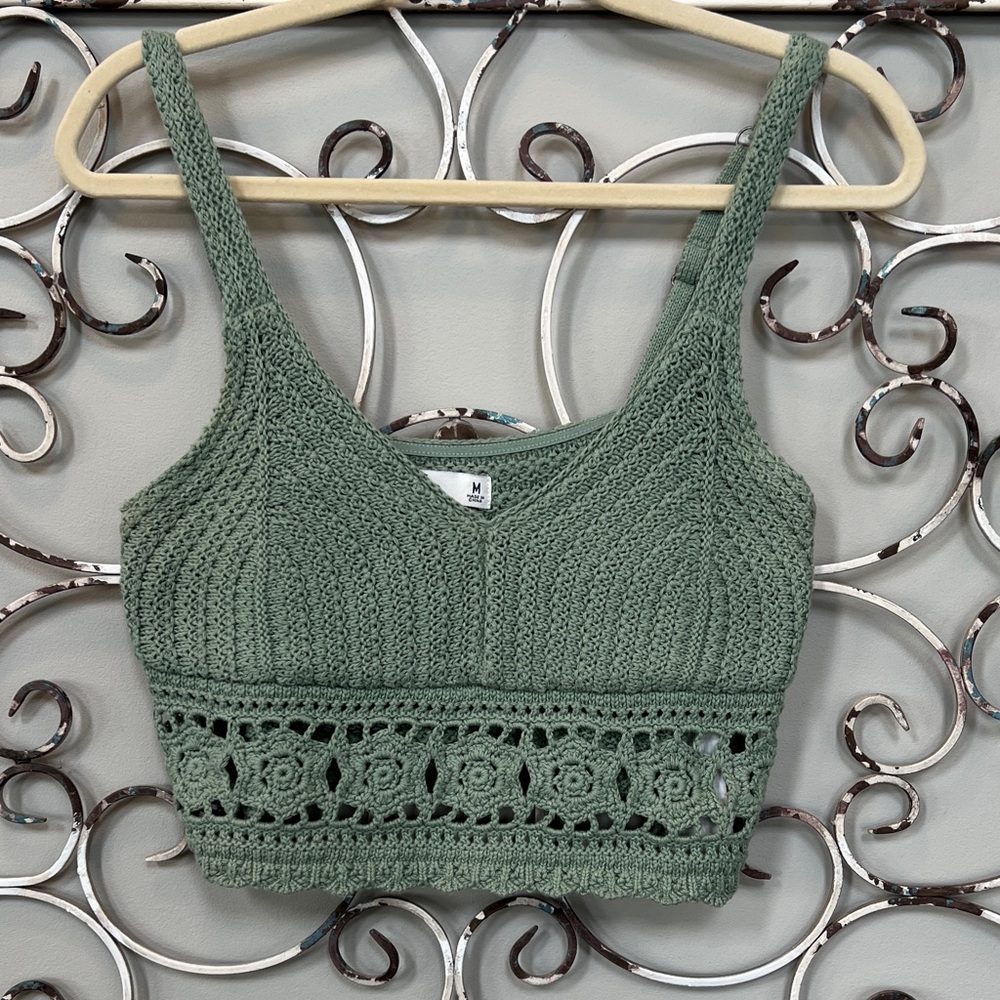 Crocheted Cottagecore Femine Green Bralette Tank Top Festival Boho Crop